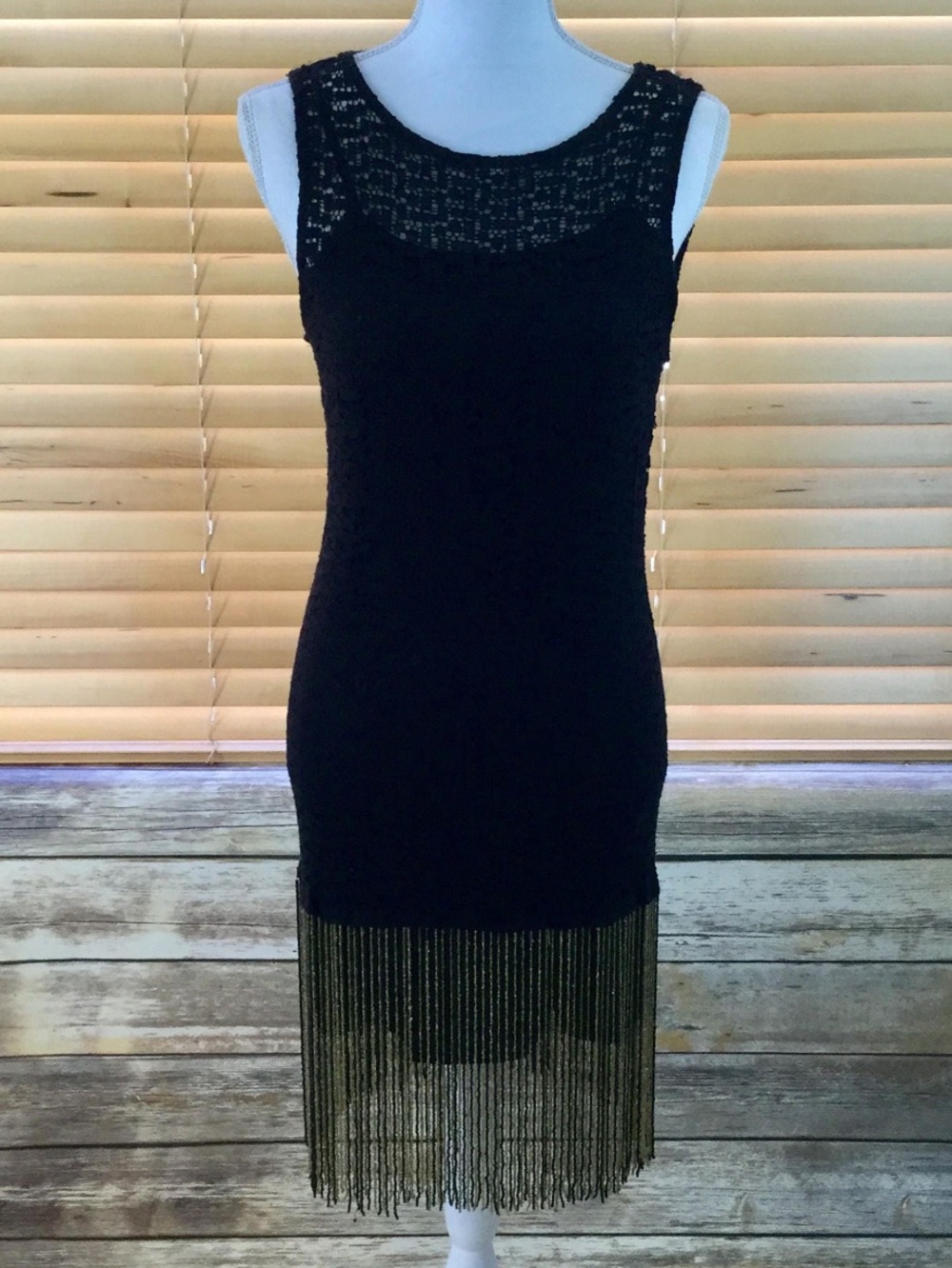 Zara Black Sleeveless Beaded Fringe Hem Crochet Dress